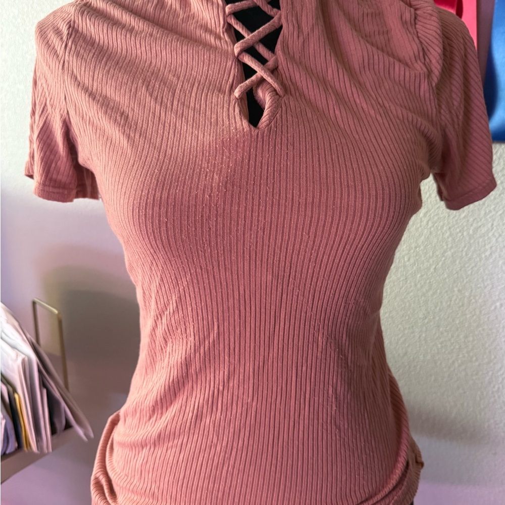 Purple Snow Ribbed Mauve Top with Crisscross Neckline